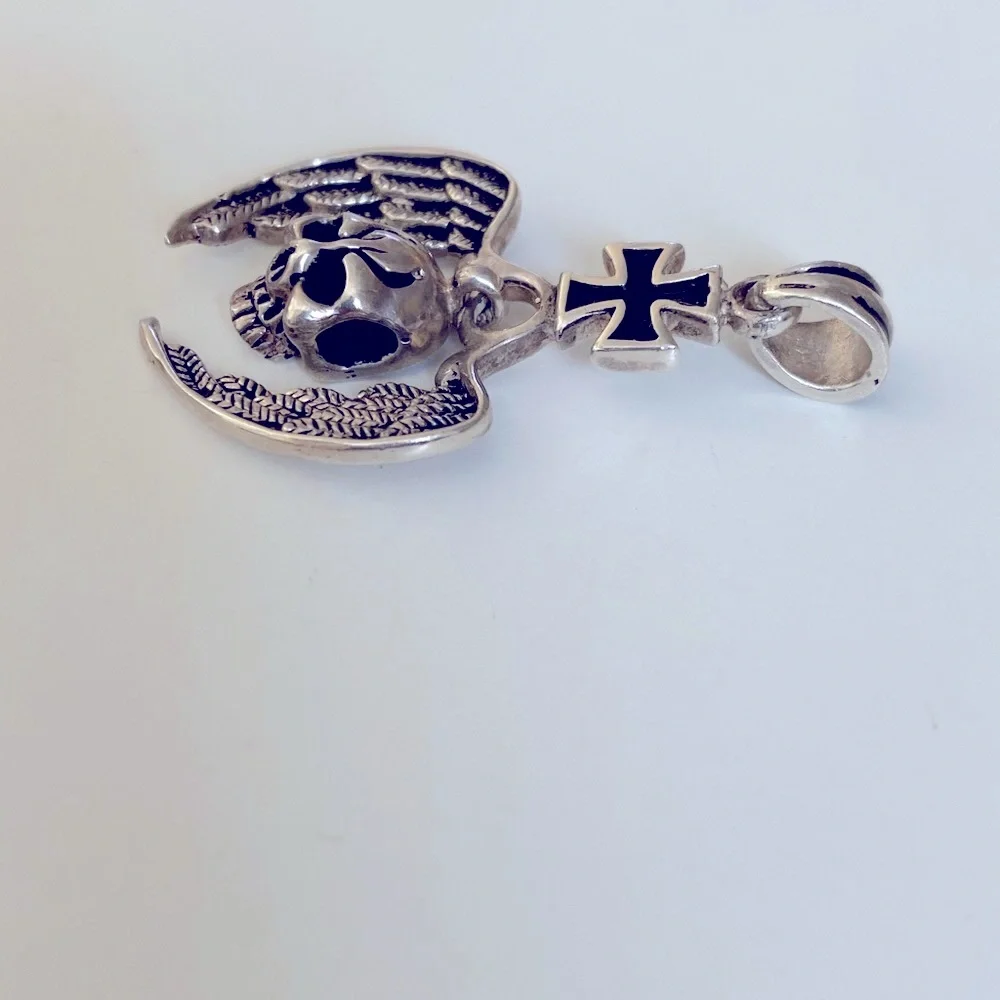 925 Silver skull angel wings pendant iron cross